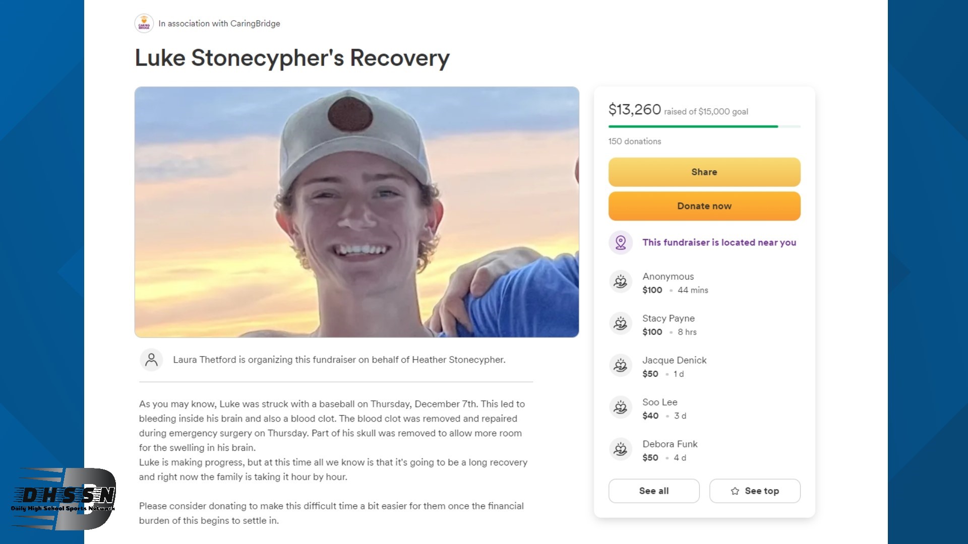 Mill Creek High Luke Stonecypher recovering after head injury